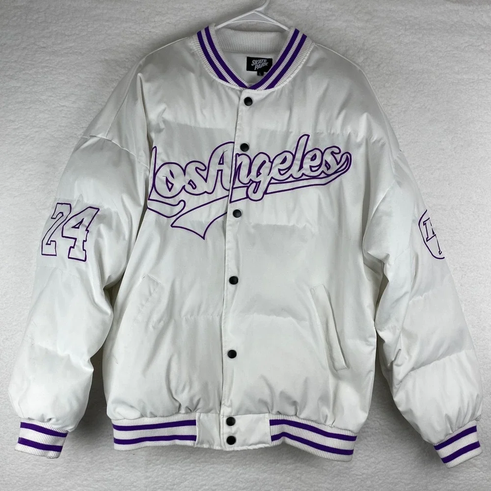 Skate Park Los Angeles Black Mamba Puffer Varsity Jacket White Purple Mens Large